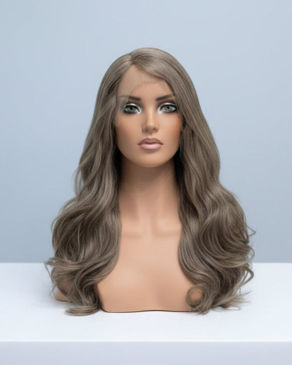 Long Ash Brown Human Hair Wavy Wig