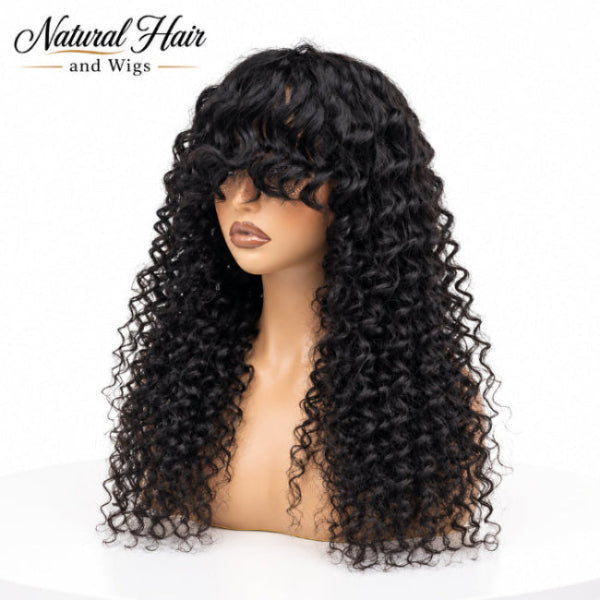 Curly bang wig Dubai with long defined curly texture.