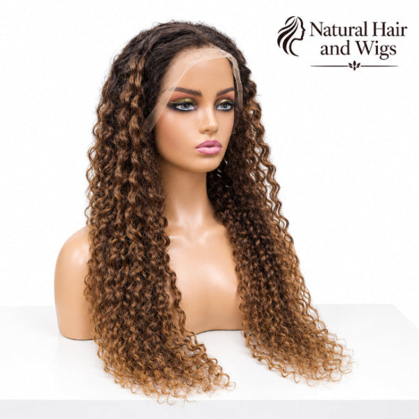 Dark Brown Curly Wig with Dark Roots styled on a mannequin head showing natural hairline.