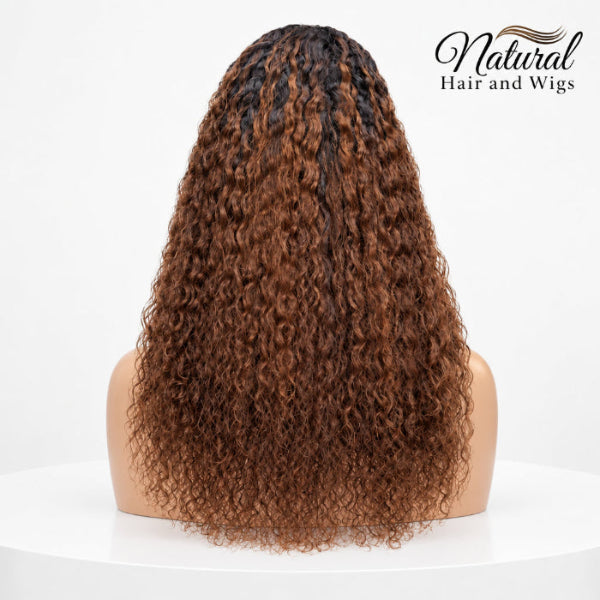Dark Brown Curly Wig with Dark Roots featuring premium human hair and soft curls.