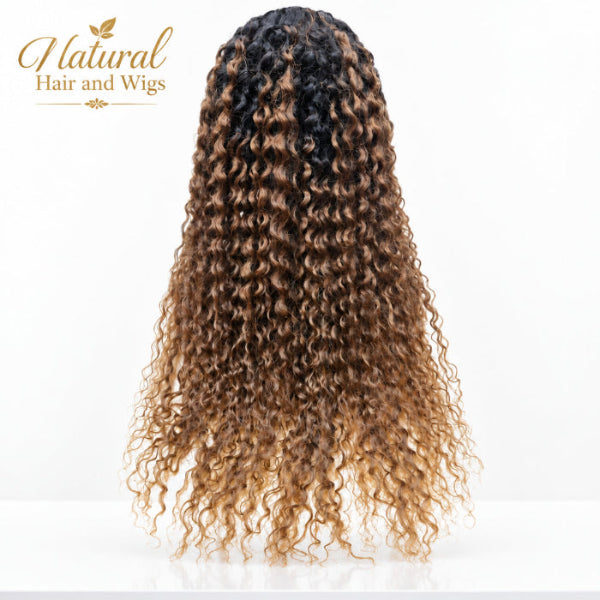 Dark Brown Deep Wave Wig with Dark Roots displaying dimensional color blend and texture.