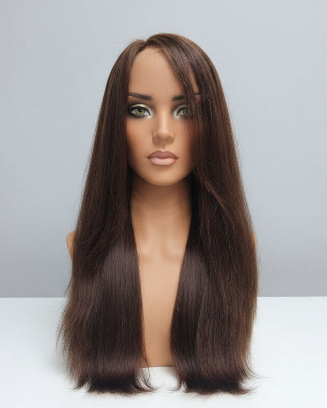Dark brown human hair wig Dubai with straight middle part