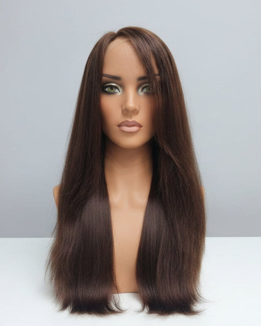 Dark brown human hair wig Dubai with straight middle part