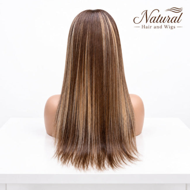 Back view of Dark Brown Ombre Straight Wig showing 150% density human hair.