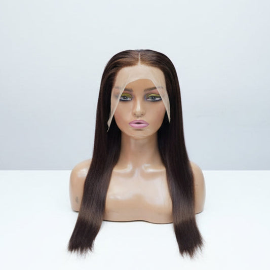 Dark brown straight human hair wig with 13x4 lace frontal on a mannequin.