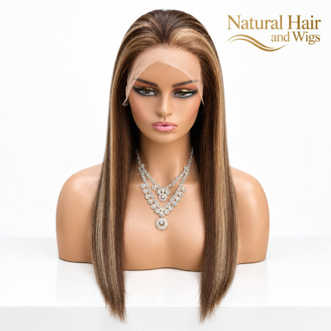 Dark Highlight Lace Front Wig with brown and blonde straight human hair in Dubai.