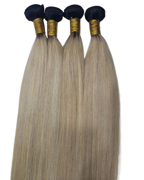 Dark Root Blonde Human Hair Bundles. 
Straight Honey Blonde Bundles. 
613 Blonde Bundles with Dark Roots. 
Honey blonde balayage weave bundle 100 percent virgin hair.
Root melt blonde hair extension bundle displayed on white table. 