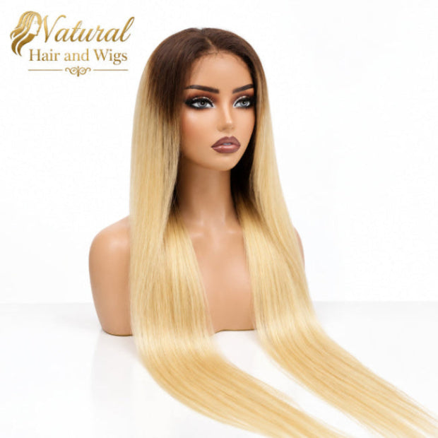 1b 613 Blonde Lace Wig straight human hair texture and balayage tone.