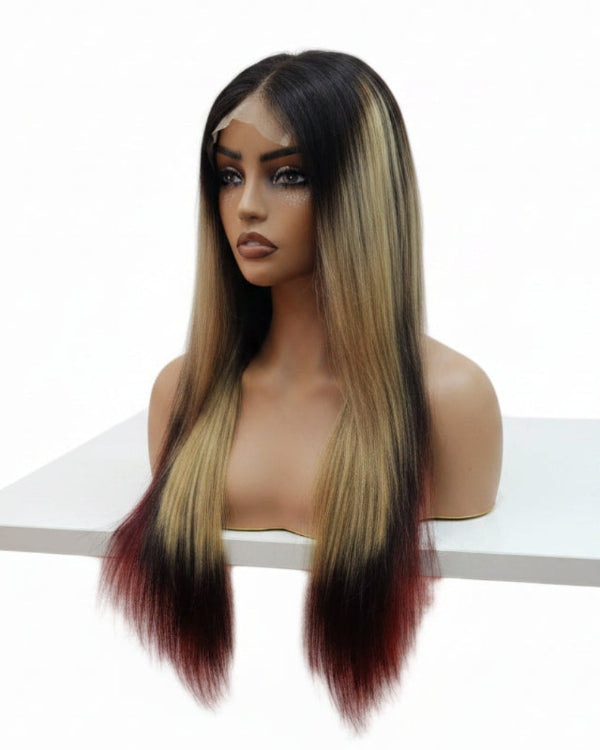 Side profile of straight dark root brown wig showing seamless ombre hair color transition and soft layers.