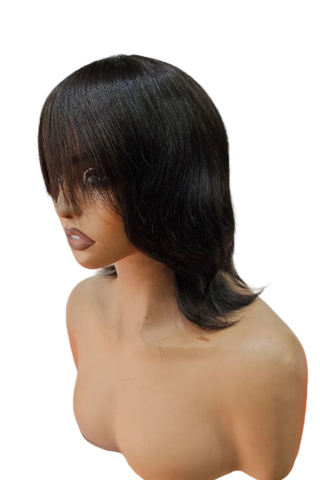 Dark brown bang wig with bob haircut. 
cheap dark brown fringe wig. 
dark brown bob wig with bangs.