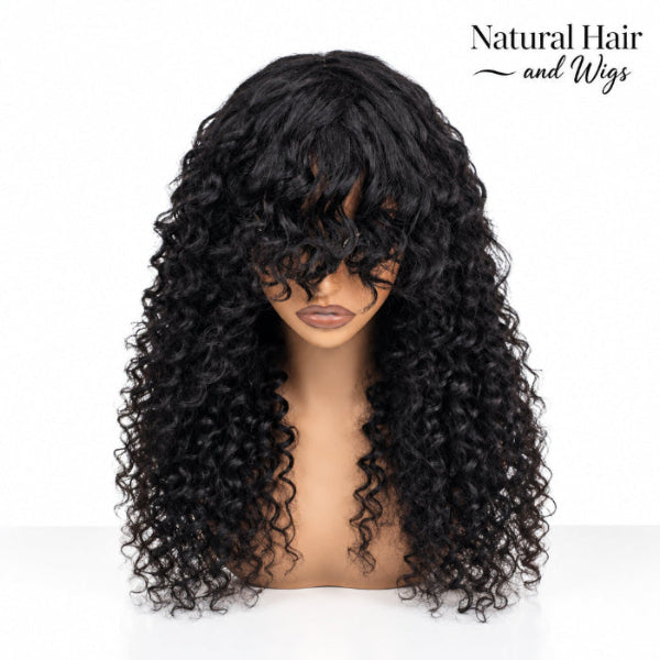 Curly bang wig with long natural-looking curls.