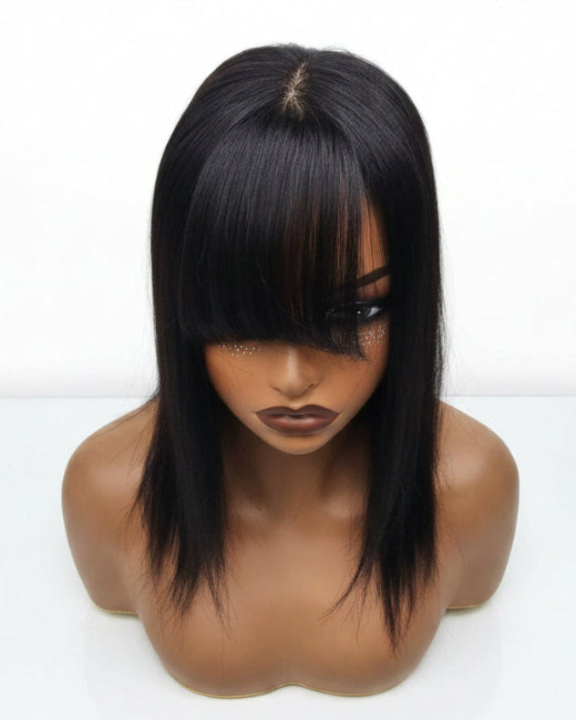 Hand tied hair topper with fringe showing seamless natural scalp parting