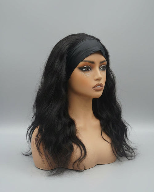 Glueless Headband Wig. 
long wavy headband wig human hair. 
easy throw-and-go headband wig. 
Black body wave headband wig close up. 
Long body wave headband wig for women. 