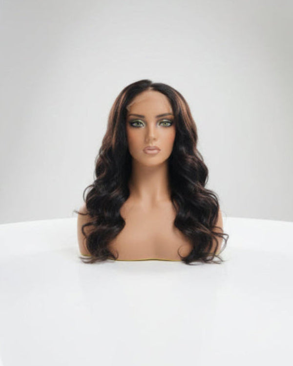 Glueless Highlight Body Wave Wig. 
human hair wigs Dubai. 
body wave lace front wig. 
highlight human hair wig. 
Glueless Highlight Body Wave Human Hair Wig on Mannequin Head Front View