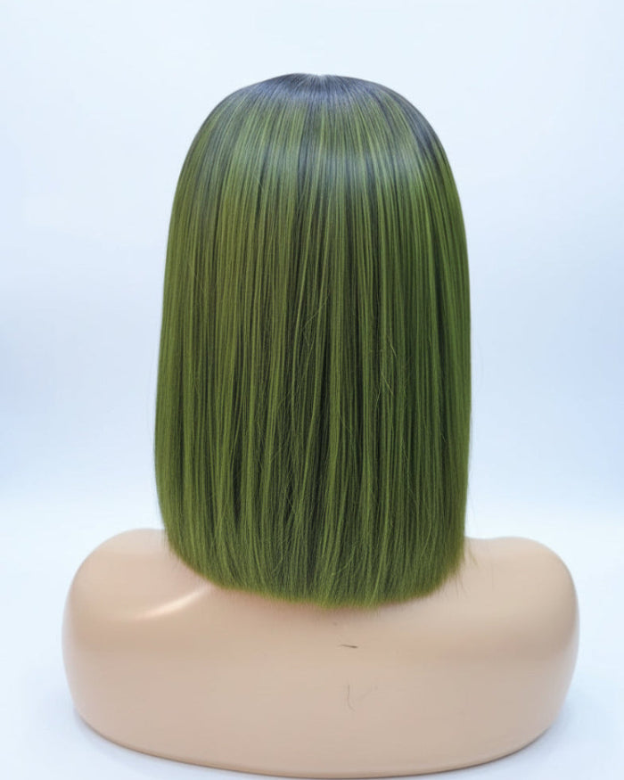 Back view of a straight olive green human hair bob wig.
