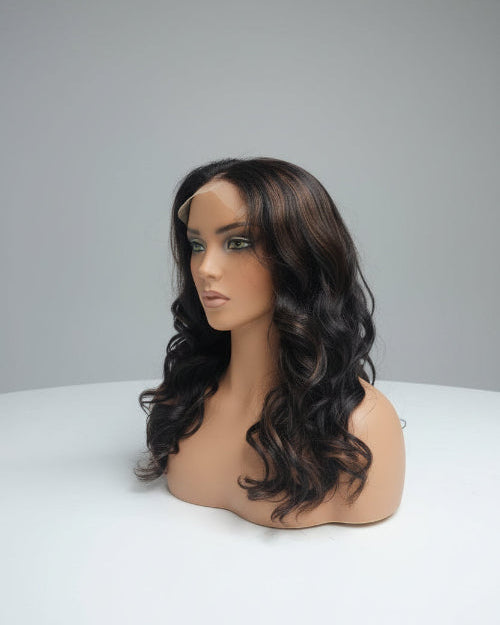 HD Lace Wig. 
brown wavy lace front wig. 
hd lace front wigs uae. 
buy real human hair wigs online. 
Dark Espresso and Honey Caramel Balayage Wavy Lace Wig Angle View