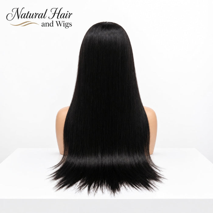 Invisible Transparent Bone Straight Lace Wig styled in long, straight human hair.