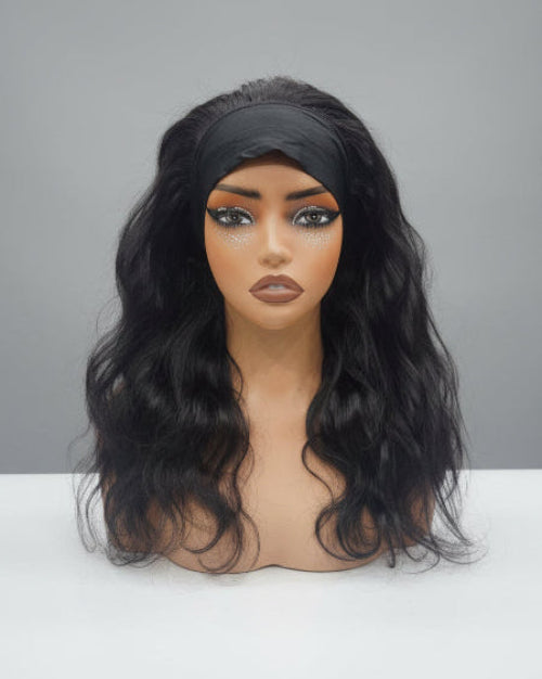 Headband Wig. 
natural black body wave headband wig. 
black headband wig. 
Glueless headband wig body wave texture. 
Human hair headband wig with soft waves. 