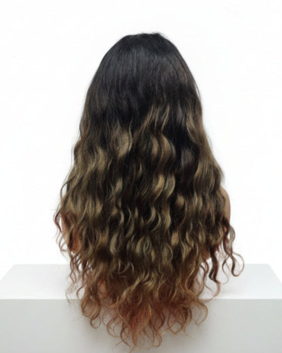 Back view of full volume Ombre Curly Wig styled with soft natural water waves