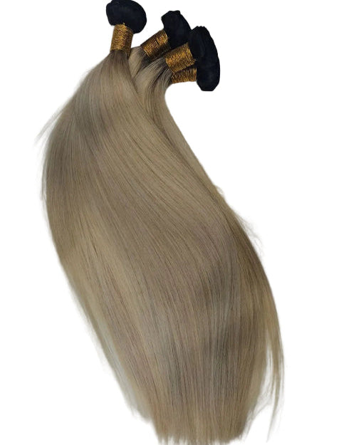 Honey Blonde Bundles with Dark Roots. Blonde Hair Bundles with Shadow Root. 
Dark Root Blonde Hair Bundles. 
Honey blonde bundles with dark roots single piece on marble surface.
1B 613 ombre hair extensions straight human hair close up. 