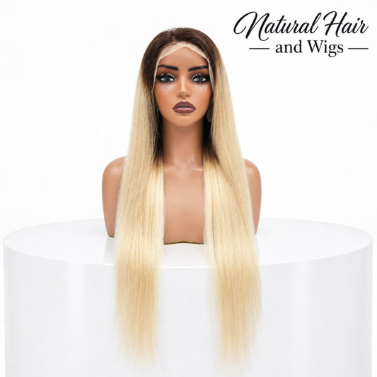 Human Hair Blonde Wig with Dark Roots on a mannequin in Dubai.