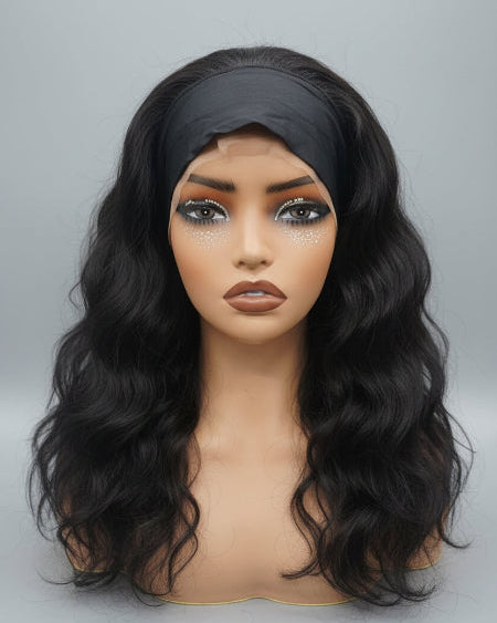 Human Hair Headband Wig. 
wear and go headband wig. 
no lace headband wig human hair. 
Natural black glueless headband wig. 
Body wave headband wig side view. 