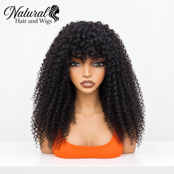 Human Hair Kinky Curly Wig with Bang styled on a mannequin with decorative face jewels.