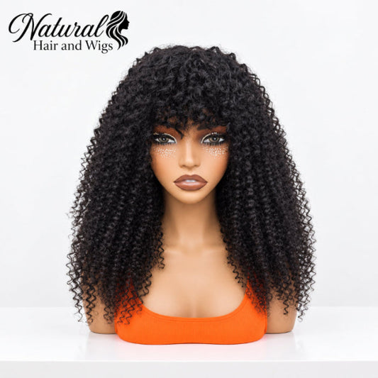 Human Hair Kinky Curly Wig with Bang styled on a mannequin with decorative face jewels.