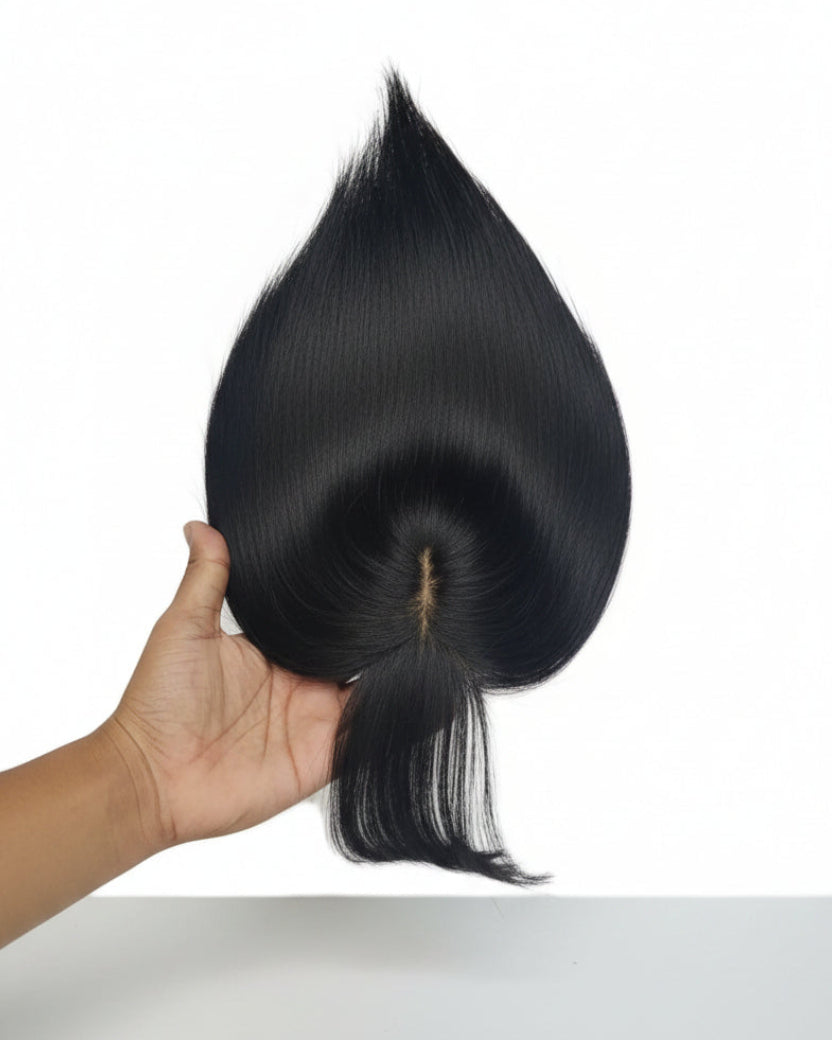 Close up of silk base breathable crown hair topper with clip in attachment