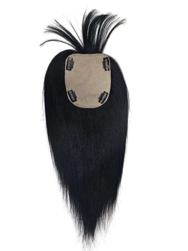 Woman wearing 100 percent remy human hair topper with fringe for crown thinning