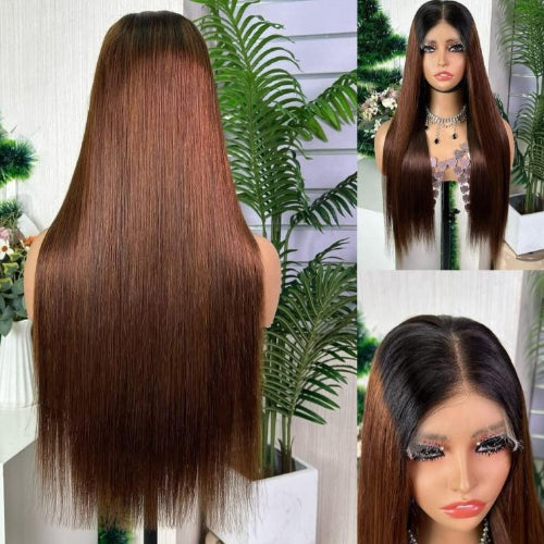 Black and Brown Lace Wig | 1B4 Human Hair Lace Wig | 4x4 Closure Lace Wig. 
Black and Brown Lace Wig with natural-looking black roots and brown hair. 
Black and Brown Lace Wig made with human hair for a natural appearance. 
1B4 Human Hair Lace Wig with black and brown color blend. 