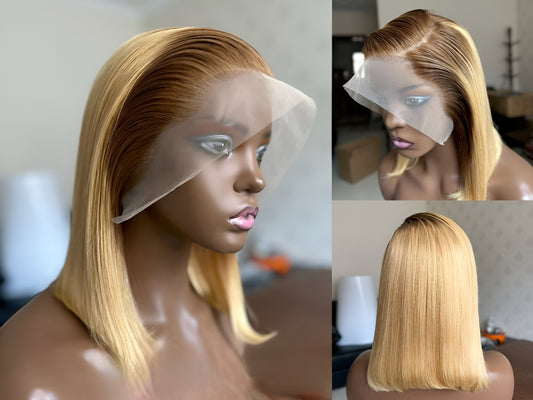 blonde lace front bob wig with brown roots