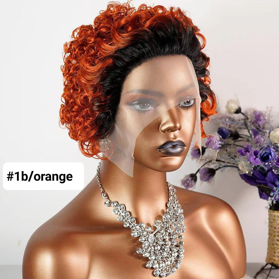 orange short curly human hair wig