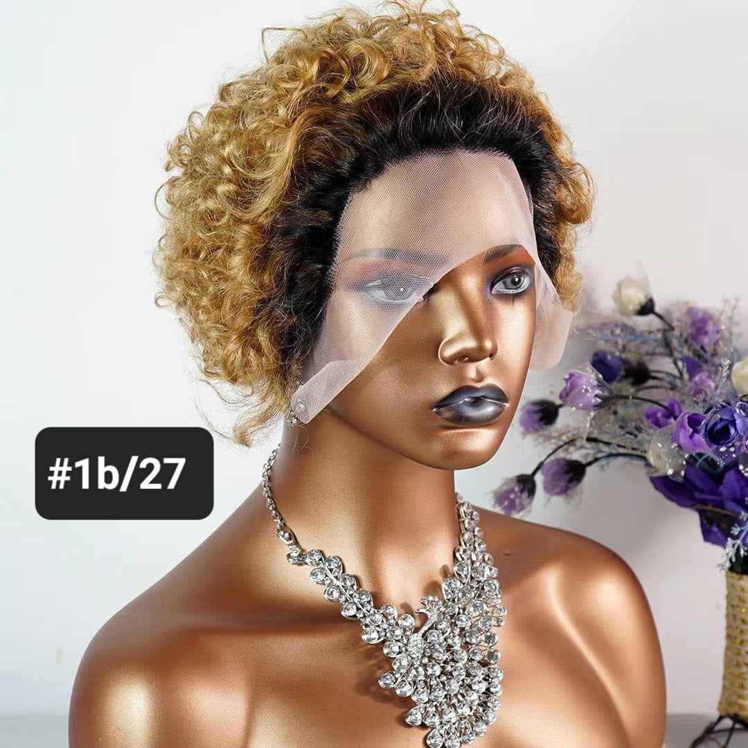 brown curly short wig with black roots