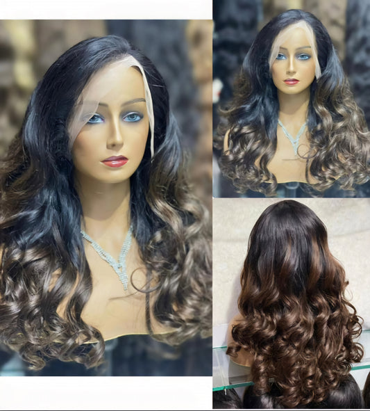 dark brown lace wig with black highlights