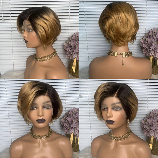 short brown pixie cut wig, brown pixie cut wigs with black roots 