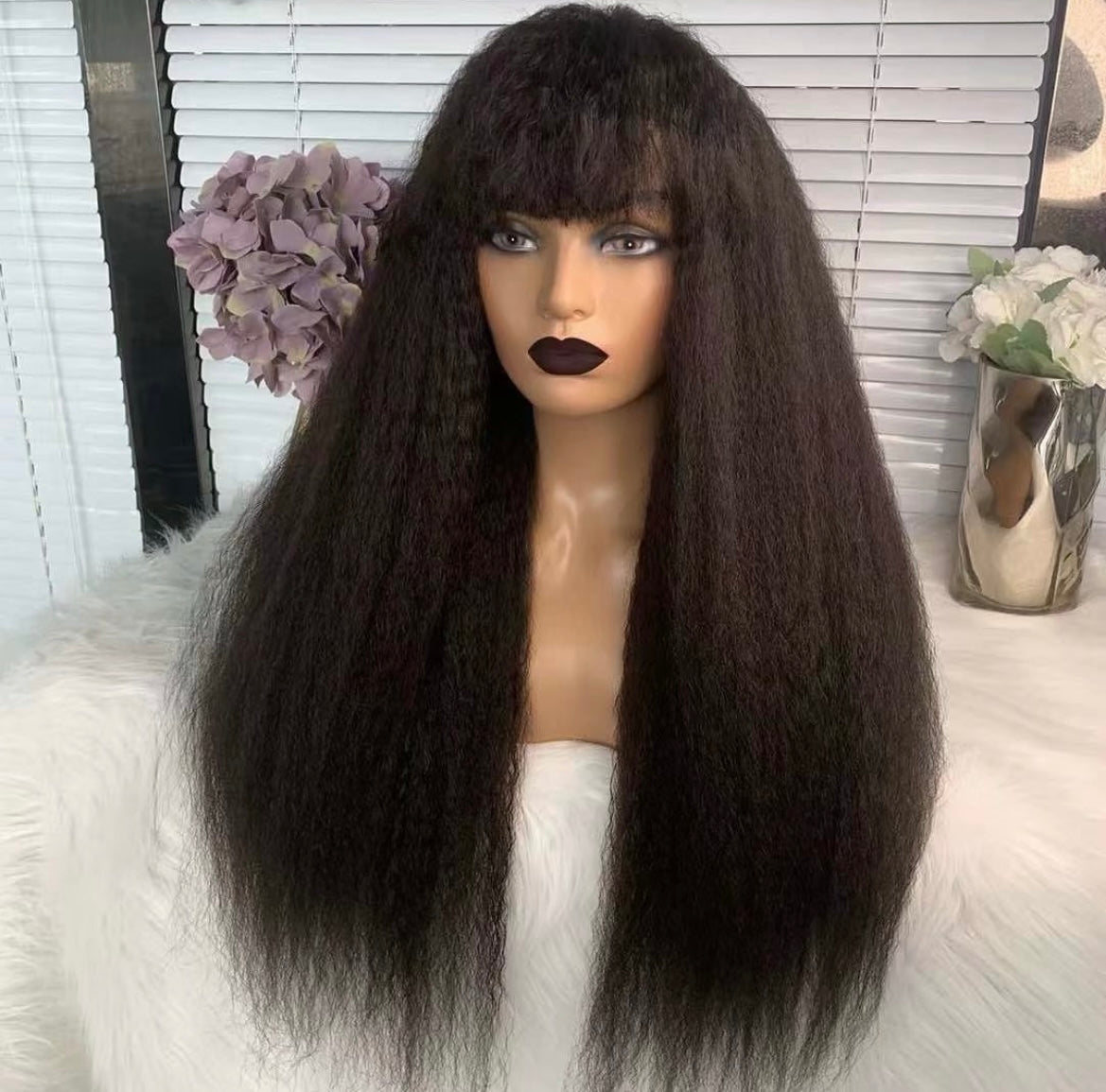 Human Hair Yaki Kinky Straight Bang Wigs Kinky Straight Fringe Wig - Natural Hair and Wigs