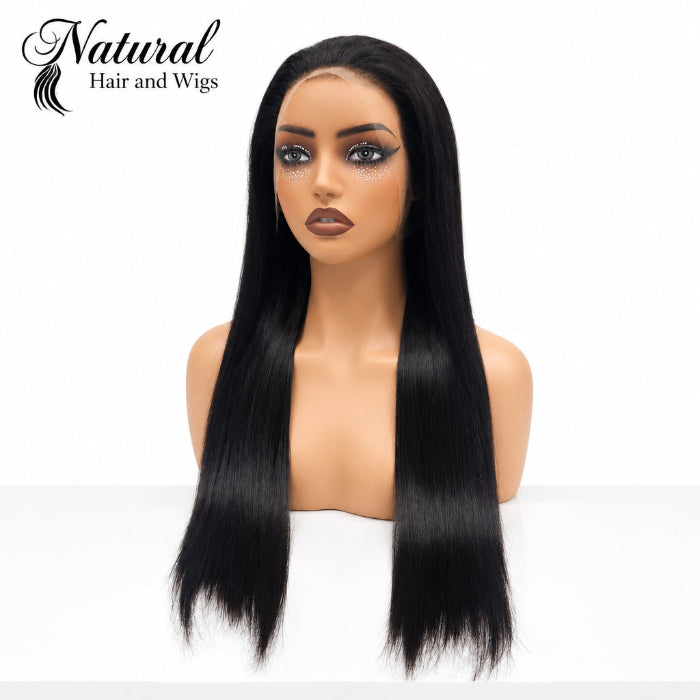 Invisible Transparent Bone Straight Lace Wig featuring sleek human hair strands.
