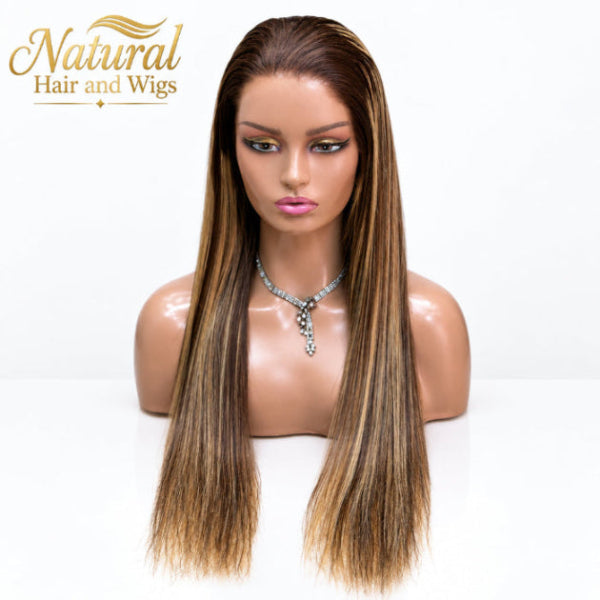 Close-up of dimensional highlights and parting space on a luxury human hair lace front wig.