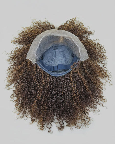 Jerry Curl Highlight Wig. 
Kinky Curly Highlight Wig. 
Chocolate Brown Curly Wig Human Hair. 
Chocolate Brown Kinky Curly Wig. 
Back view of 180 percent density chocolate brown kinky curly wig. 