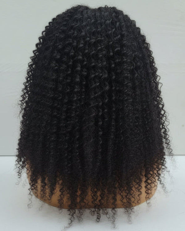 Premium kinky curly human hair wig styled on mannequin showing full volume