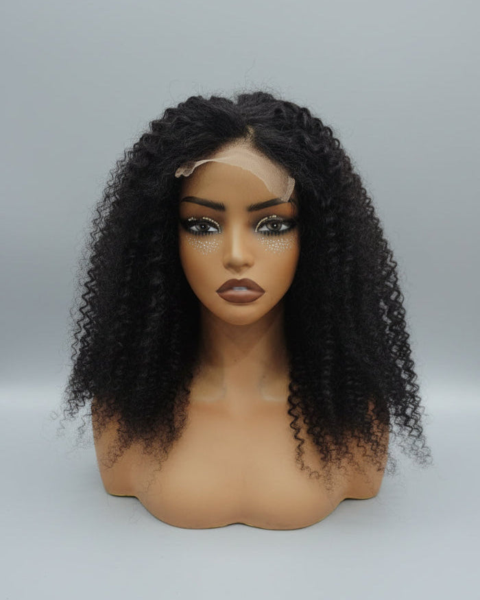 Kinky curly lace front human hair wig on mannequin showing natural hairline and 3C 4A afro curl pattern