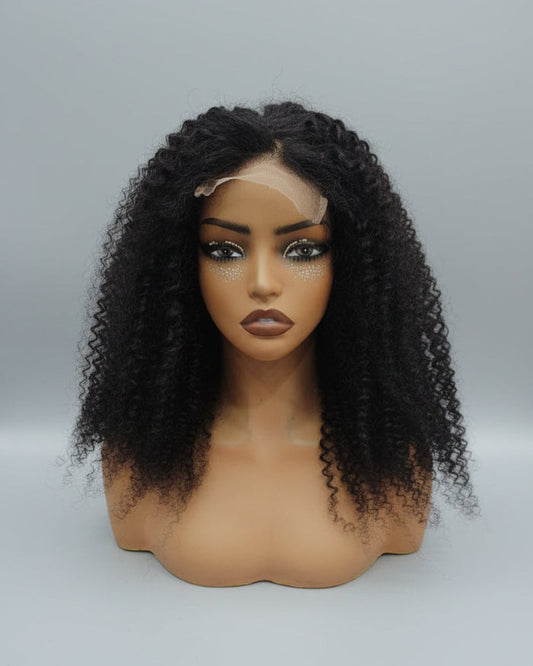 Kinky curly lace front human hair wig on mannequin showing natural hairline and 3C 4A afro curl pattern