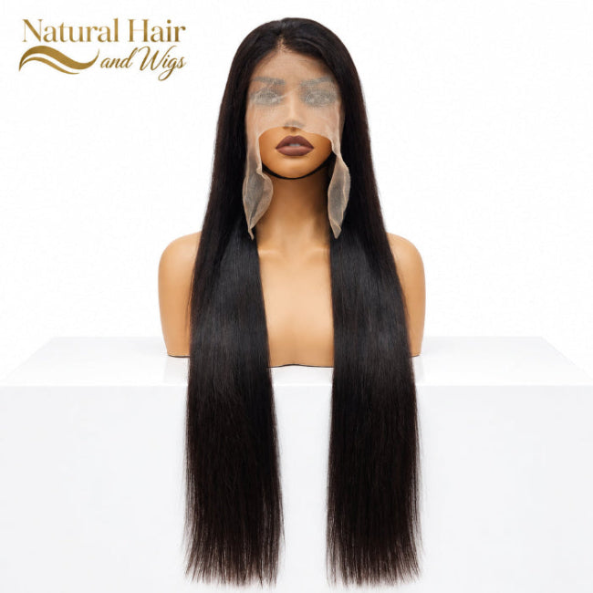 Long straight lace front wig with sleek human hair texture.