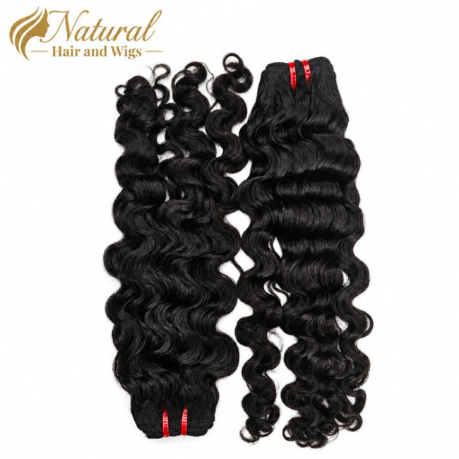 Luxury raw curly hair bundles Dubai in rich natural black shade.