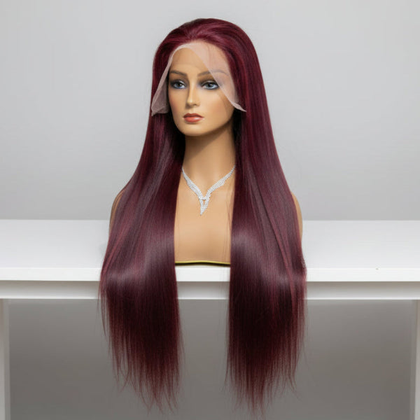 Sleek and silky Wine Red Straight Lace Front Wig styled straight down the shoulders.