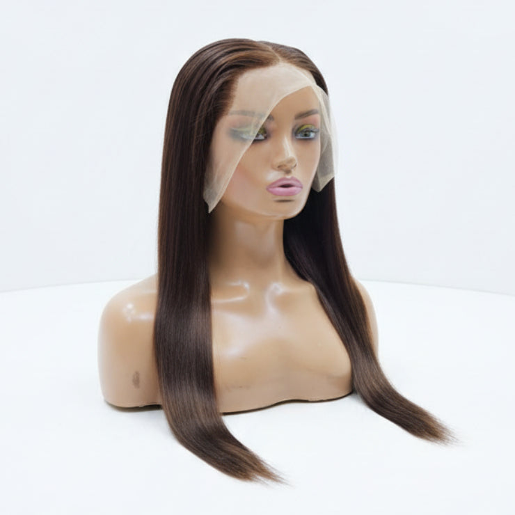 24 inches dark brown straight human hair lace wig with 180 percent density.