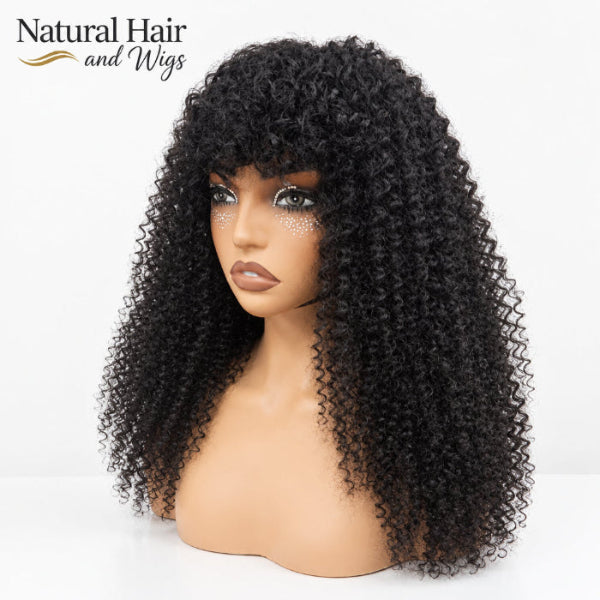 Natural Kinky Curly Wig with Bang / Fringe featuring bouncy 3C coils and pre-cut bangs.