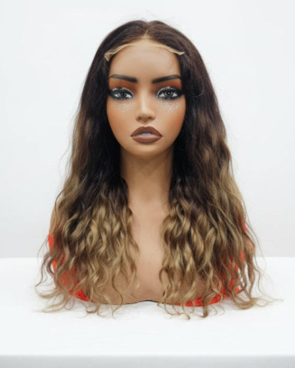 Front view of a premium Ombre Curly Wig with natural dark roots and defined bounce