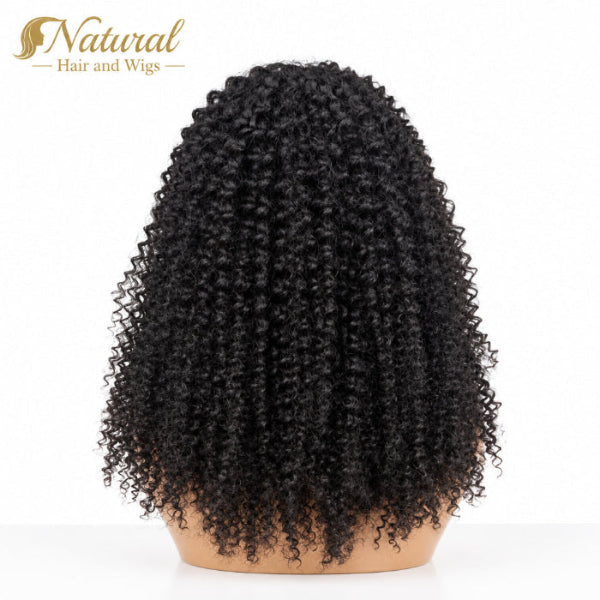 Close-up of human hair kinky curly wig with fringe highlighting soft texture and realistic hairline.